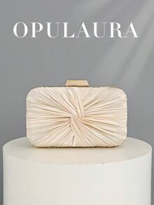 OpulAura 1pc Vintage Elegant Satin Pleated Twist Formal Party Clutch Bag, Charming & Refined Formal Event Handbag, Luxury Box Style Small Purse Suitable For Party/Wedding/Formal Occasion, With Detachable Chain For Shoulder Or Crossbody Wear - Apricot - View 1