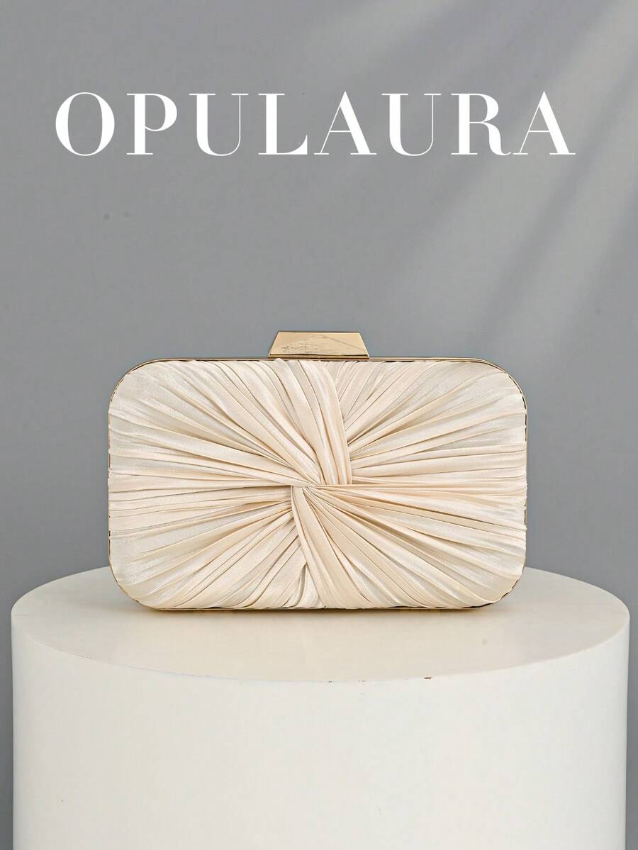OpulAura 1pc Vintage Elegant Satin Pleated Twist Formal Party Clutch Bag, Charming & Refined Formal Event Handbag, Luxury Box Style Small Purse Suitable For Party/Wedding/Formal Occasion, With Detachable Chain For Shoulder Or Crossbody Wear - Apricot - View 1