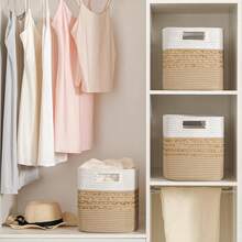 Set Of 4 Storage Cubes 11 X 10.5 X 10.5 In, Water Hyacinth Storage Bins For Shelves, Toys, Book, Storage Baskets With Handles, Cotton Rope Woven Baskets For Organizing, Brownhalloween - 黑色 - 查看 10
