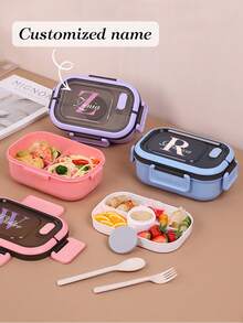 Personalized Customized Name Lunch Box (Free Fork, Spoon), Adult Or Child Boy And Girl Containers, 3 Compartments, Lunch Food Container With Cutlery, Sauce Jar, Pancake Liner, Microwave And Dishwasher , Back To School Lunch Box To Avoid Confusion - Multicolor - View 3
