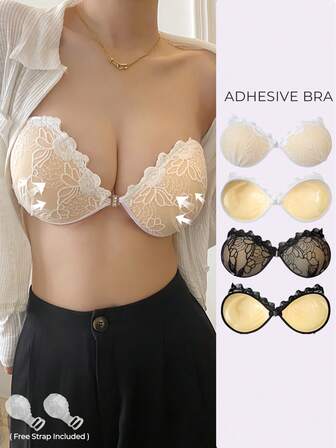 1件套蕾丝粘合文胸 - 女士无肩带聚拢粘合文胸 | 隐形露背文胸，加厚棕榈杯 | 性感蕾丝文胸，适合婚纱、连衣裙、吊带背心