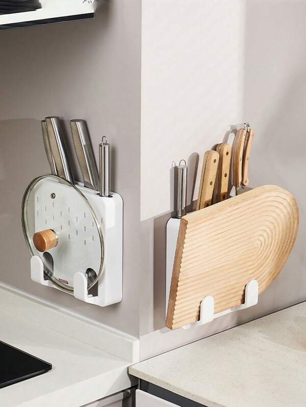 Wall Mounted Knife Holder, Multi-Functional Kitchen Cabinet Door Knife Rack Without Drilling, Hidden Knife Rack With Cutting Board & Pot Lid Hooks, Kitchen Wall Mounted Knife Organizer