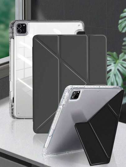 1个透明亚克力Y型折叠平面保护壳，黑色，多角度折叠支架，内置笔槽，高透明亚克力后壳防刮防弯折，磁吸式自动休眠/唤醒智能省电，翻盖式保护壳带笔槽，兼容iPad Mini 6/Mini 7/9.7/10.2/10.5/Air 4/Air 5/10th/10.9/Pro 11/Air 11(M2)/Air 13(M2)/Pro 11(M4)/Pro 13(M4) 2024 12.9英寸