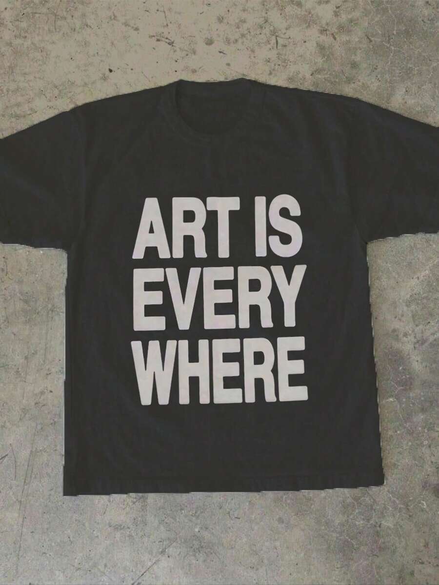 Art Is Everywhere Graphic T-Shirt - Soft, Breathable Crew Neck Tee, Lightweight & Comfortable Casual Summer Wear, Black Letter Print On White Background, Artistic Fashion Statement-Everyday Casual Cotton T-Shirt,Cotton Graphic T-Ghirt,Alphabet Print Unisex T-Shirt 100% Comfortable Cotton College Tops Funny Shirts Black And White Top Plus Size Tops Back To School Clothes Y2k Gothic Women Clothes - 黑色 - 查看 1