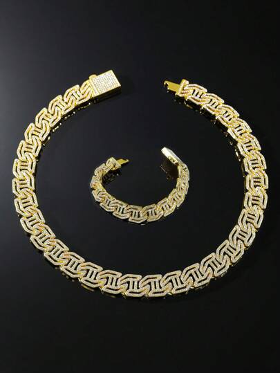 1 Set Men's Hip Hop Style Classic Full Rhinestone H-Shape Link Chain Necklace & Bracelet Set