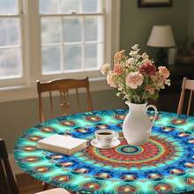 1/36 piezas Mantel redondo de 48 in/54 in con estampado digital de patrón retro y contraste bohemio, mantel elástico para protección, resistente a arañazos, adecuado para uso diario, interior/exterior, decoración del hogar, idea de regalo, camping, viaje