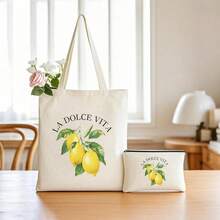 1/2pcs Large Canvas Tote Bag-Lemon Design Light Shopping Bag Cosmetic Bag Shoulder Bag, Ladies, Farmers Market, Picnic, Lemon Lovers Gift, Summer Style Handle, Beach Shopping Essential Foldable, Large Capacity, Light Weight, Stylish Personalized Tote Bag, Shoulder Bag, Casual Shopping Bag Store Back To School