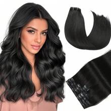 Przedłużki do włosów na klipsy z naturalnych włosów, 18 cali, 100% Remy, dla kobiet, niewidoczne, proste, bezszwowe, 8 szt., podwójna osnowa #1B