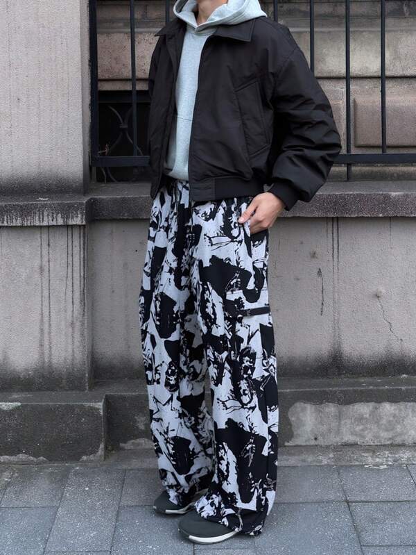 Pantalon cargo style tie-dye peinture à l'encre pour hommes, pantalon droit ample pour le printemps et l'automne, streetwear casual pour le port quotidien, les sorties et les activités de plein air