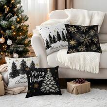 1 Stück/4 Stücke Schwarz & Weiß Weihnachtsbaum & Schneeflocken Muster Kissenbezug, einseitig bedruckter Kissenbezug, geeignet für Wohnzimmer, Schlafzimmer, Heimdekoration, ganzjährig
