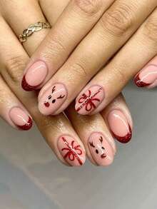 24 Peças Unhas Postiças Médias de Amêndoa para o Natal, Unhas Francesas Vermelhas Góticas com Padrão de Laço de Cervo, Estilo Y2K, Cobertura Completa para Mulheres, Arte de Unhas Festiva