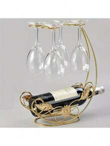 WWFW Modern Wrought Iron Wine Glass Rack - Vertical Metal Bottle Rack, Tabletop Stemware Rack, Inverted Wine Glass Display, Can Hold 1 Bottle Of Wine And 4 Glasses, No Assembly Required - Gold - View 2