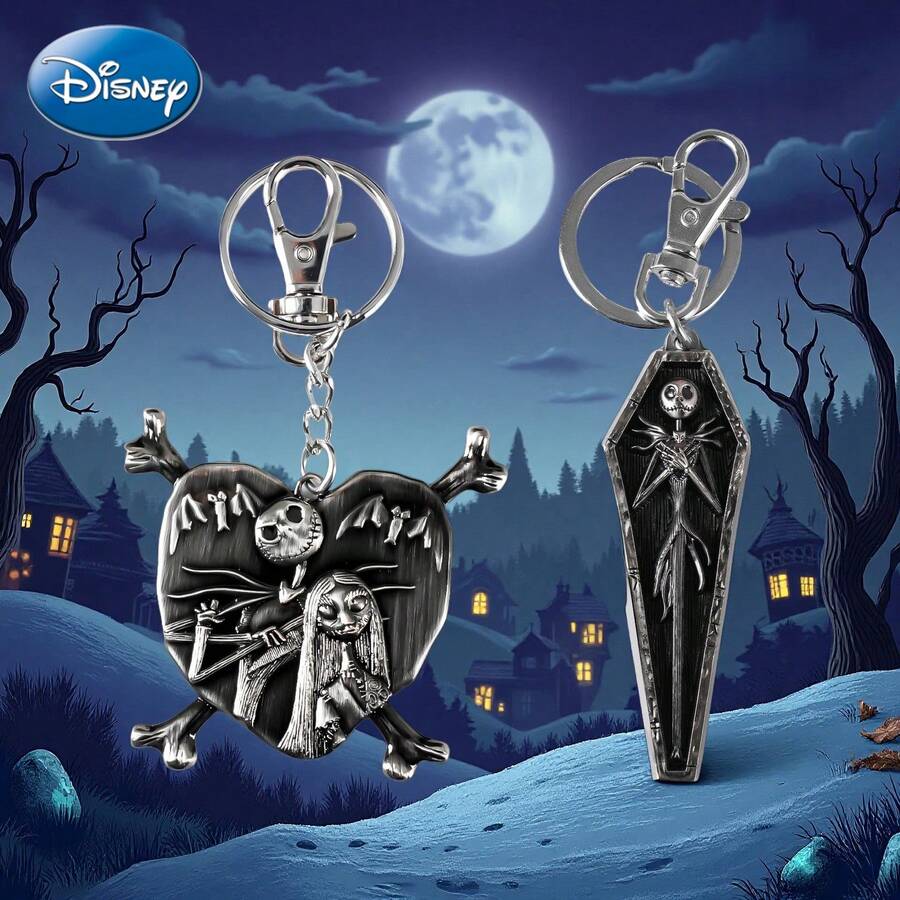 Disney 1/2PCS Officially Licensed Keychain Jack And Sally Heart Shape Couple Pendant Or Jack In Coffin Cartoon Bag Clip Collectible Keyring Accessories Fans Halloween Christmas Gift Anniversary Present - Silver Black - View 1