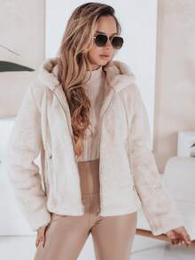 女士短版連帽皮草冬季大衣。優雅的柔軟人造皮草大衣，配有拉鍊。時尚的女士大衣，配有口袋和抽繩兜帽。是夾克的時尚替代品。秋冬季節的完美選擇。 - 米色 - 查看 1