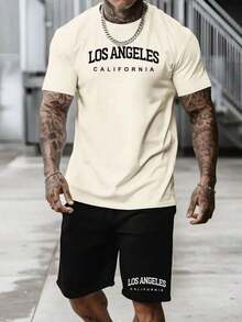 Conjunto Masculino Los Angeles California States Camiseta 100% Algodão + Short Tectel Moda Masculina Streetwear - Caqui - Visão 2