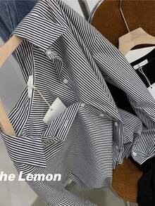 Camisa de rayas de las mujeres de manga larga Tops Loose capas Peplum Azul Blusa de rayas Blusas de Mujer - Negro - Ver 5