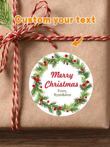 24pcs Customized Christmas Text Round Stickers, Personalized Holiday Candy Gift Bags And Envelope Labels, Customized Text Stickers, Customized 5*5cm Round Stickers, Customized Christmas Gift Packaging Labels, Specially Designed Cute & Romantic Christmas Wreath, Berry Scene Combination, Various Pattern Stickers For You To Choose, Suitable For Personalized Merry Christmas Labels - Multicolor - View 24