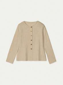 FOR BEAUTY 女士新款针织开衫，适合春、秋、冬三季穿着，休闲优雅简约风格，圆领长袖配金属纽扣，时尚通勤纯色毛衣 - 深杏 - 查看 4