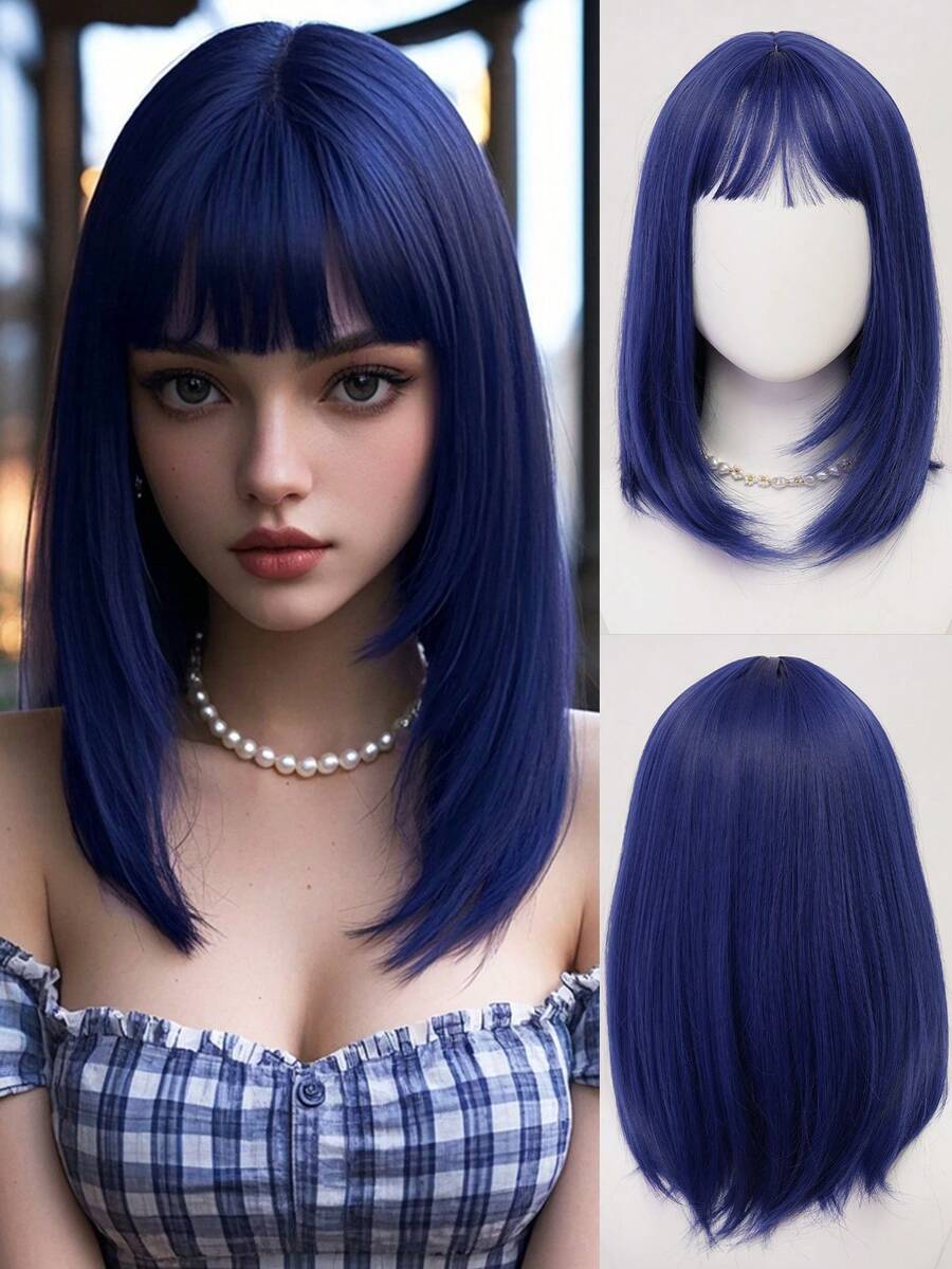 XYUNMI Tóc giả bob thẳng dài vừa phải màu xanh dương dễ thương và ngọt ngào 16 inch có mái tóc giả dễ chăm sóc thoáng khí, mềm mại tự nhiên dành cho nữ, tóc giả sợi tổng hợp chịu nhiệt, thích hợp để mặc hàng ngày, tóc giả dự tiệc ngày lễ, đơn giản, thường ngày, hóa trang đường phố, Halloween, thời trang trở lại trường học - Màu xanh lam - Xem 1