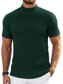 Mens Mock Turtleneck Sweater Short Sleeve Turtle Neck Sweaters Casual Ribbed Knitted Pullover Tops Solid Basic Tee - 綠色 - 查看 1