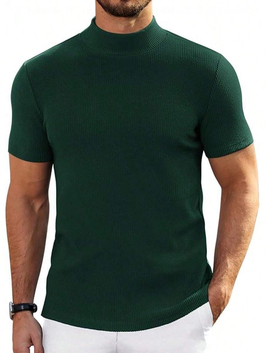 Mens Mock Turtleneck Sweater Short Sleeve Turtle Neck Sweaters Casual Ribbed Knitted Pullover Tops Solid Basic Tee - 綠色 - 查看 1