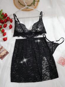Rochie de seară cu imprimeu floral din dantelă, transparentă, fără spate, cu crăpături, asortată cu un tanga pentru un look atrăgător, un look de băiețel. - Negru - Vizualizare 5
