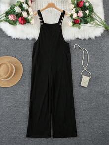 1 条纯色灯芯绒纽扣口袋女式背带裤，适合节日、婚礼、办公室、日常穿着、约会、旅行、秋冬、牛仔风格 - 黑色 - 查看 3