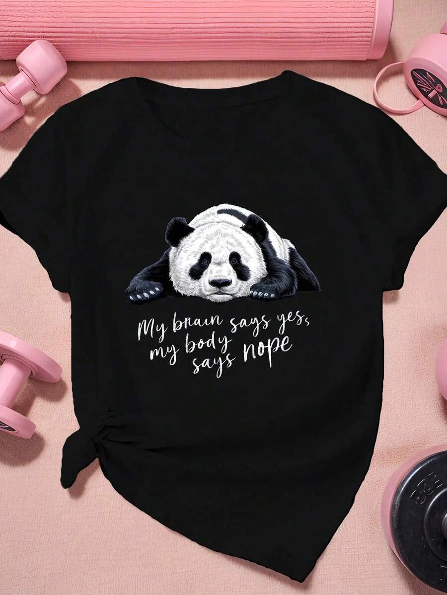 Plus Size Women'S Casual T-Shirt With Cute Panda Print - Crew Neck, Short Sleeve, Machine Washable - "My Brain Says Nope" Design - Perfect For Yoga, Running & Summer Activities - Available In Black/White, Plus Size Shirts - 黑色 - 查看 1