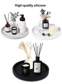 圆形硅胶浴室梳妆台收纳展示托盘，适用于梳妆台浴室，可存放香水乳液蜡烛化妆品首饰，水槽皂架收纳架，台面咖啡桌装饰收纳