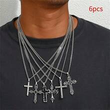 6pcs Vintage Punk Cross Pendant Men's Chain Necklace - Father's Day Gift, Suitable For Casual Attire, Parties, Music Festivals, Casual Vacation, Holiday Gifts
