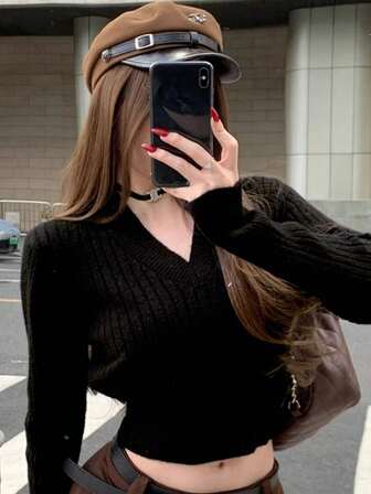 优质纯色 V 领毛衣，修身短款长袖针织汗衫，复古分层上衣