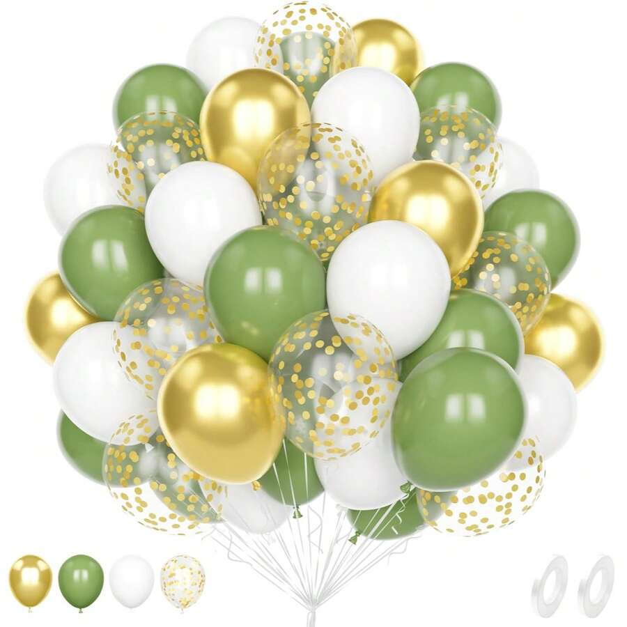 51pcs Sage Green & Gold Balloons, 10/12 Inch Olive Green Metallic Gold Latex & Gold Foil Confetti Balloons, Suitable For Men & Women Birthday, Party, Bridal Shower, Anniversary, Engagement, Wedding, Gender Reveal Party, Jungle Theme Party Decoration - Multicolor - View 1