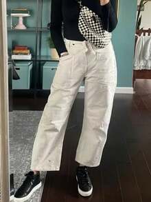 Womens Wide Leg Barrel Jeans Patchwork Baggy Denim Pants Low Rise Horseshoe Jeans With Pockets Casual Outdoor Pants - 白色 - 查看 6