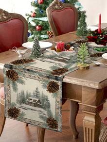 1 pieza/10 piezas Camino de mesa de cabaña navideña, decoración navideña para el hogar, decoración de invierno estacional, estilo moderno, material similar al lino, 33*91CM/33*183CM/33*274CM, 3 opciones de tamaño, decoración navideña para interiores y exteriores, suministros para fiestas con tema navideño, decoración de habitaciones. Adecuado para la decoración de la cocina del hogar y la decoración de fiestas navideñas