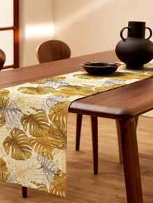 1pc Vintage Turtle Shell Leaf Print Linen Table Runner, Suitable For Holidays, Parties, Birthdays, Dinners, Kitchen & Dining Room Decor, Dresser/Cabinet Cover, All Season Home Decor