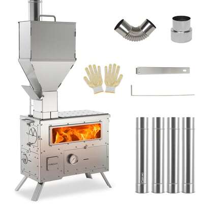 Wood Burning Stove With Oven - Portable Pellet Stove With Chimney Pipes, 304 Stainless Steel Construction For Winter Camping, Hunting, Cooking, Hiking, Fishing
