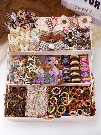 10/165/830/860/879pcs Vintage Girl Hair Accessories Set, Including Bowknot Hair Clips, Flower Hair Pins, Rabbit Ear Hair Scrunchies, Rhinestone Clover Side Clips, Y2K Star BB Clips, Mini Claw Clips And Towel Elastic Hair Bands, Suitable For Girls' Daily, Party And Travel To Create Cute And Elegant Retro Styles