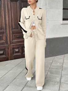 Conjunto de 2 piezas para mujer de moda punto de tejido unicolor contraste bordes en color contraste ligero para uso diario - Beis - Ver 1