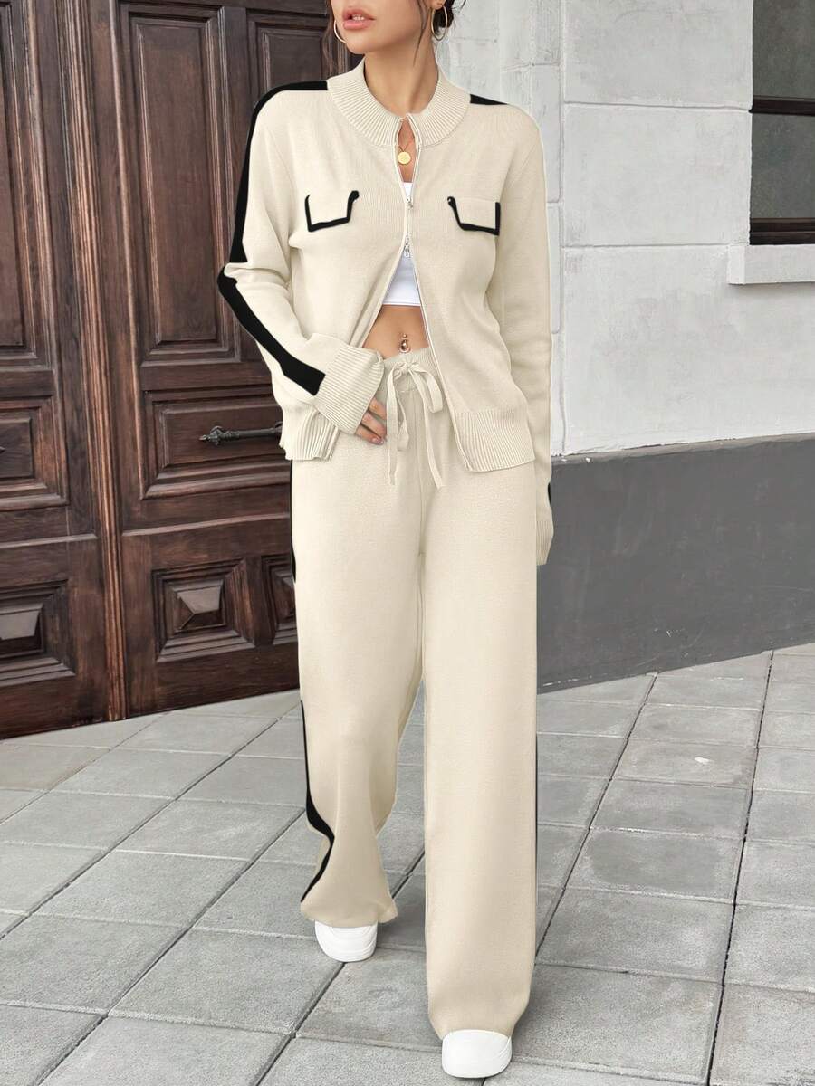 Conjunto de 2 piezas para mujer de moda punto de tejido unicolor contraste bordes en color contraste ligero para uso diario - Beis - Ver 1