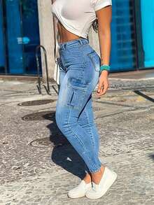 Flap Pocket Side Cargo Jeans - Medium Wash - View 1