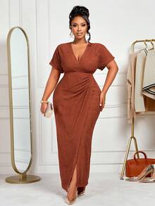 BIUBIU Plus Size Women's Deep V-Neck Ruched Solid Color Short Sleeve Wrap Dress - Rust Brown - View 3