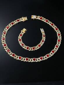1 Set Men's Hip Hop Style Red Heart Pendant Necklace And Bracelet Set