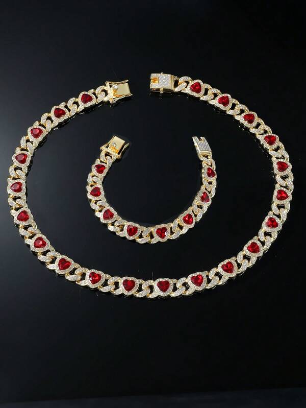 1 Set Men's Hip Hop Style Red Heart Pendant Necklace And Bracelet Set