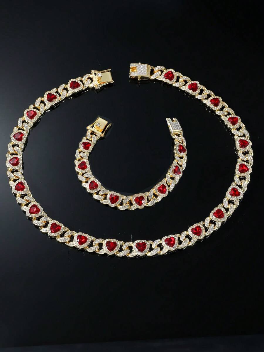 1 Set Men's Hip Hop Style Red Heart Pendant Necklace And Bracelet Set