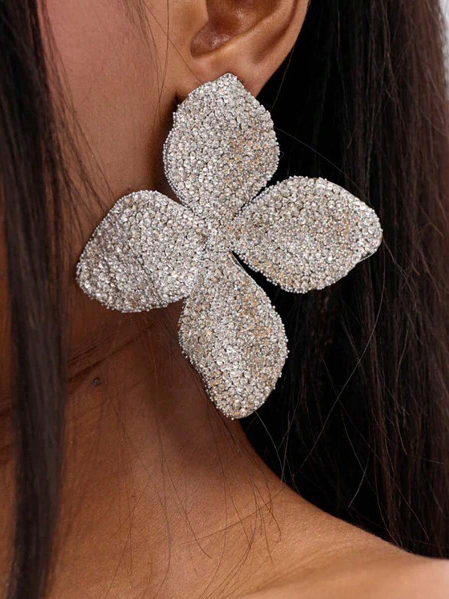STONEFANS 2pcs Floral Rhinestone Earrings, Exaggerated Sparkly Earrings, Unique Personalized Accessories For Women - Silver - View 1