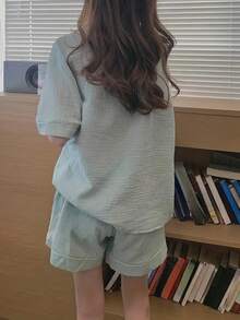 2pcs Women's Mint Green Loose Fit Short Pajama Set For Loungewear, Two Pieces Set - Mint Green - View 2