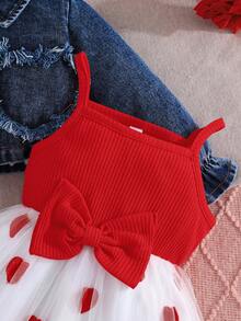 Conjunto versátil y lindo de 2 piezas para niñas bebés: chaqueta de mezclilla con corazón y vestido de tul con moño, para primavera/verano - Rojo - Ver 8
