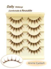 Rikuaild 5 Pairs Cartoon Style False Eyelashes, Brown, Anime Style, Natural Thin & Soft Brown Lash Extension, Reusable Transparent Band, Natural Japanese & Korean Style False Lashes, Strip Eyelashes - 尖尾漫畫款 - 查看 6