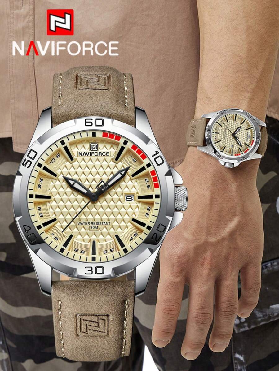 Relojes de cuarzo de moda para hombres de la marca NAVIFORCE, con correa de cuero, resistentes al agua, con calendario y reloj
