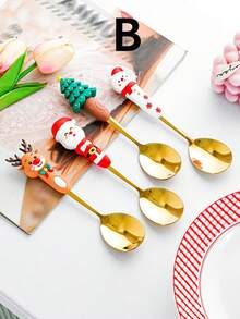 1 set de vaisselle pour fête de Noël, set de cuillère et fourchette en acier inoxydable avec personnages de Noël, 4 pièces de cuillère et fourchette à fruits en acier inoxydable créatives